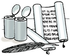 Contact Us Scroll with two ink pots and a feather quill